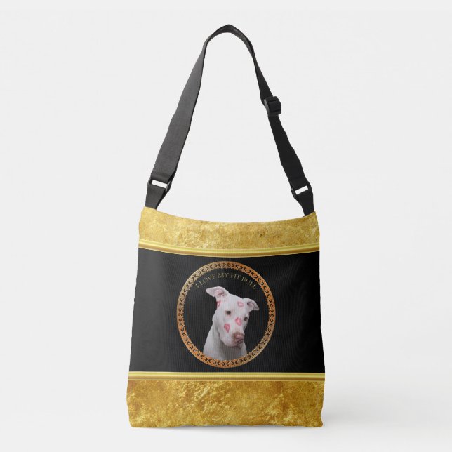 Bolso Cruzado Pitbull blanco con besos del rojo por todo su cara (Anverso)