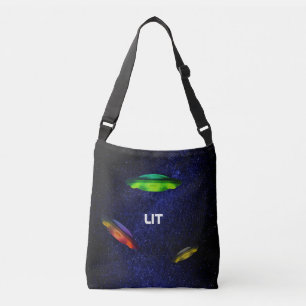 Bolso Cruzado Platillos voladores y fondo de galaxia