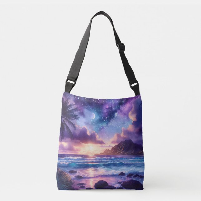 Bolso Cruzado Playa tropical Purple Night Sky Moon (Anverso)