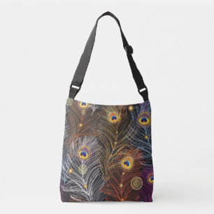 Bolso Cruzado Plumas de pavo real dorado: patrón oscuro.