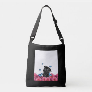 Bolso Cruzado Pug Negro Con Mariposas Azules Y Gerberas