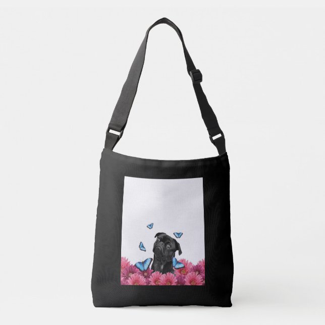 Bolso Cruzado Pug Negro Con Mariposas Azules Y Gerberas (Anverso)