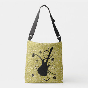 Bolso Cruzado Purpurina Artsy Black Guitar & Flowers Gold Faux