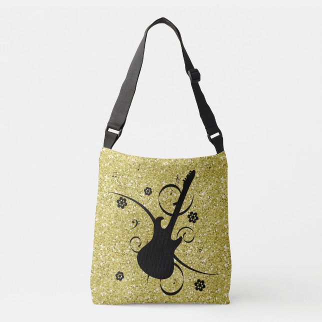 Bolso Cruzado Purpurina Artsy Black Guitar & Flowers Gold Faux (Anverso)