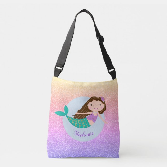 Bolso Cruzado Purpurina de arcoiris con sirena suave personaliza (Anverso)