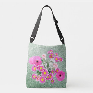 Bolso Cruzado Purpurina de imitación verde suave floral rosa