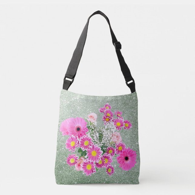 Bolso Cruzado Purpurina de imitación verde suave floral rosa (Anverso)