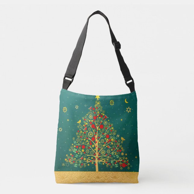 Bolso Cruzado Purpurina de oro verde rojo navidad árbol de aves  (Anverso)