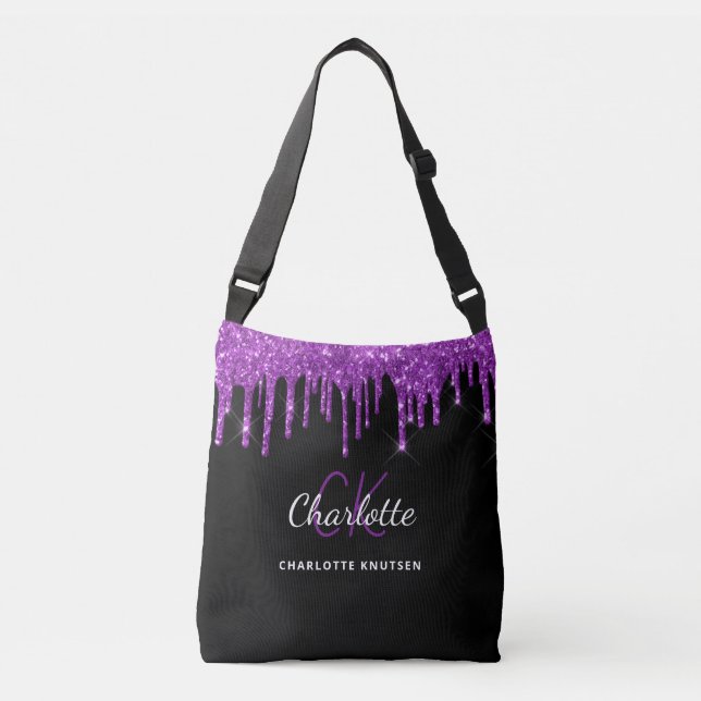 Bolso Cruzado Purpurina morado negro gotea iniciales en monogram (Anverso)