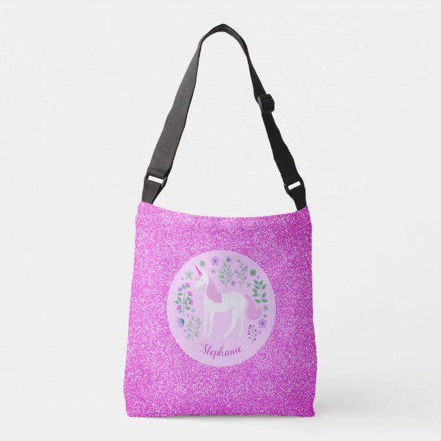 Bolso Cruzado Purpurina rosa de Unicorn personalizado (Anverso)