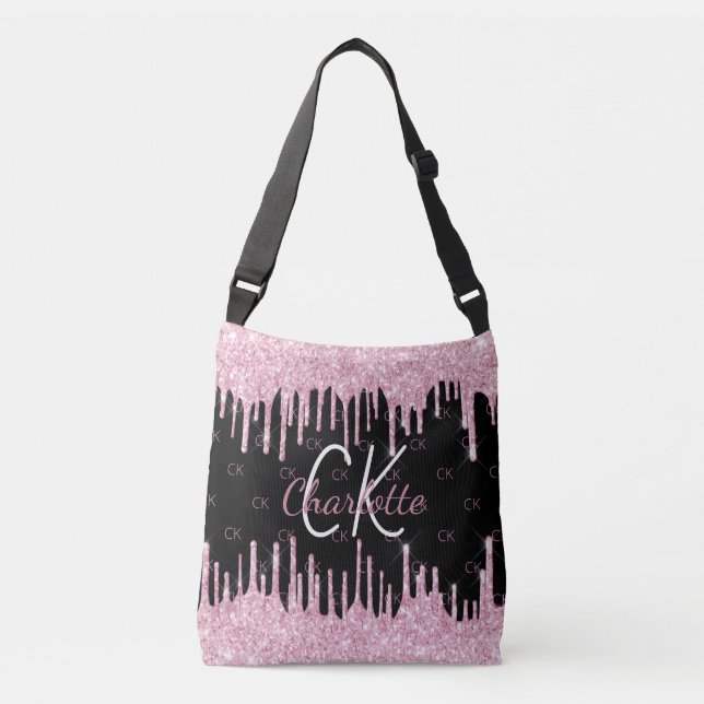 Bolso Cruzado Purpurina rosa negro gotea elegante monograma (Anverso)