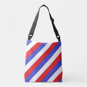 Bolso Cruzado Rayas diagonales blancas y azules rojas