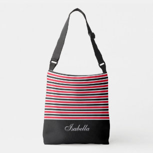Bolso Cruzado Rayas Negras Rojas Blancas y Caligrafía