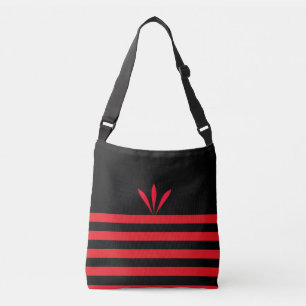 Bolso Cruzado Rayas Negras y Rojas Modernas con Plumas Rojas