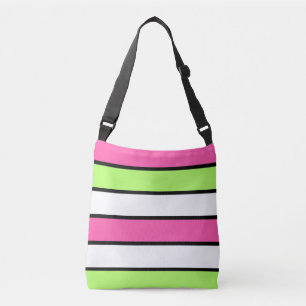 Bolso Cruzado Rayas rosadas calientes, verde limón, negro y blan