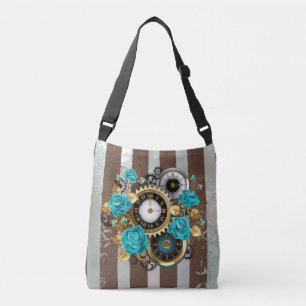 Bolso Cruzado Reloj de vapor y Rosas turquesa a rayas