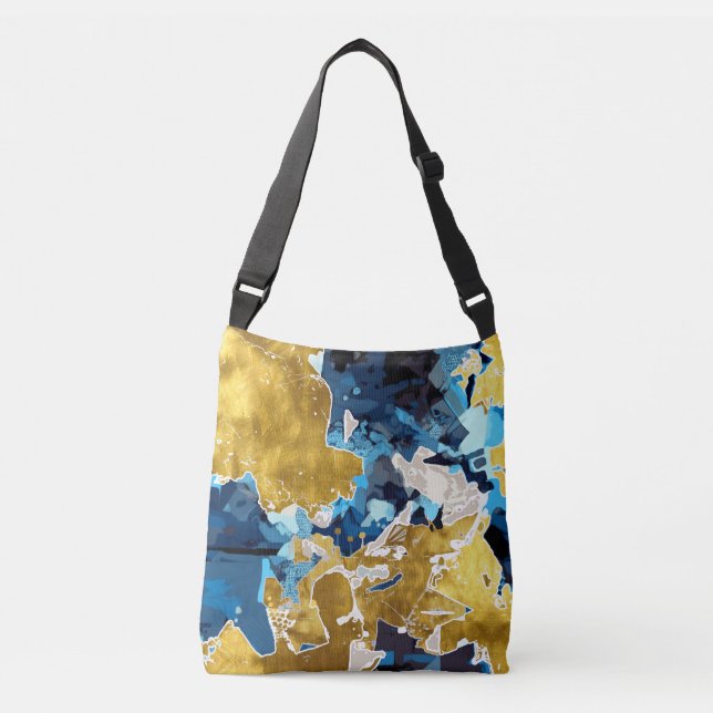 Bolso Cruzado Resumen, moderno, collage, dorado, azul marino (Anverso)