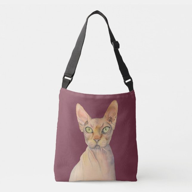 Bolso Cruzado Retrato de la acuarela del gato de Sphynx (Anverso)