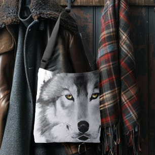Bolso Cruzado Retrato de lobo blanco negro