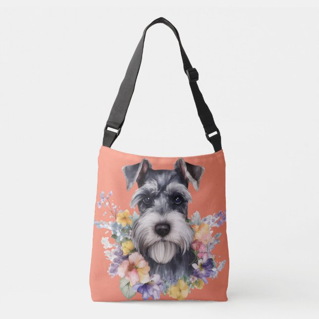 Bolso Cruzado Retrato de Schnauzer adorable con flores (Anverso)