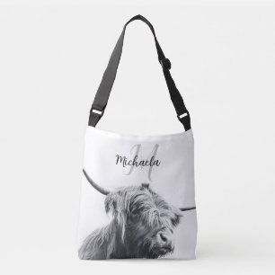 Bolso Cruzado Retrato de vaca Highland monograma inicial blanco