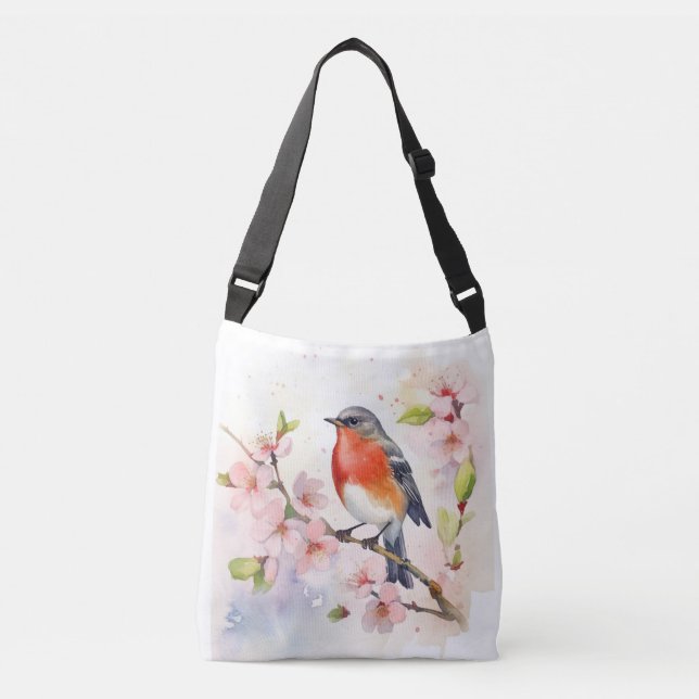 Bolso Cruzado Robin de acuarela sobre la rama de cerezo en prima (Anverso)