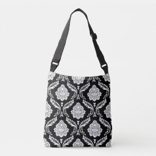 Bolso Cruzado Rococó Damask Patrón Grande Blanco sobre Negro