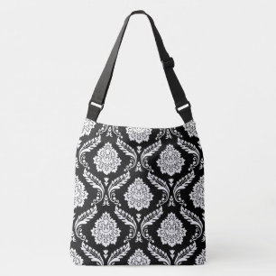 Bolso Cruzado Rococó Damask Patrón Grande Blanco sobre Negro