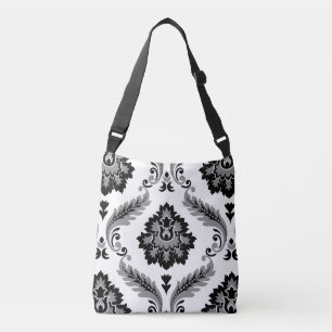 Bolso Cruzado Rococo Damask Patrón Grande Gris Negro Blanco