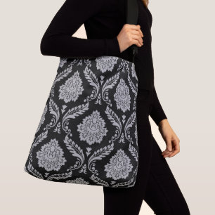 Bolso Cruzado Rococó Damask Patrón Grande Gris sobre Negro