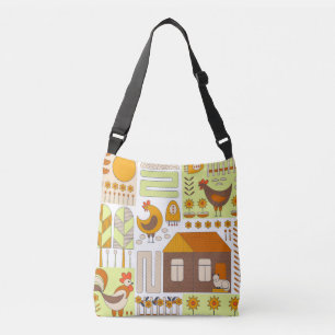 Bolso Cruzado Rooster, gallinas, dibujo floral geométrico.