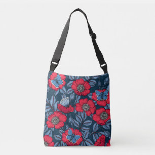 Bolso Cruzado Rosa de perro y mariposas en azul y rojo