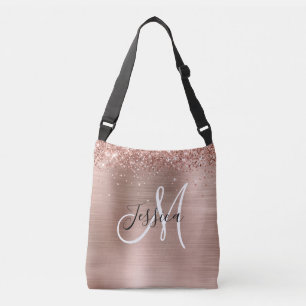 Bolso Cruzado Rosa Dorado Brillante con Hojas Negro Blanco Monog
