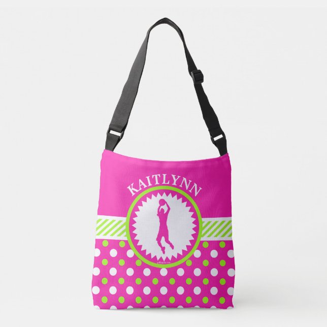 Bolso Cruzado Rosa personalizado del baloncesto - lunares verdes (Anverso)
