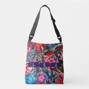 Bolso Cruzado Rosas abstractos en rojo y turquesa y 3 letras