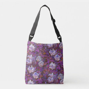 Bolso Cruzado "Rosas blancas, hojas moradas", flores hermosas