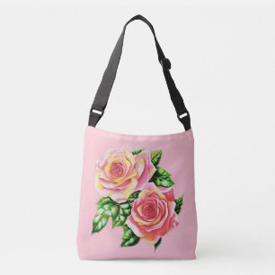 Bolso Cruzado Rosas rosadas de coral con hojas verdes de jade