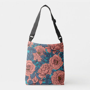 Bolso Cruzado Rosas rosas rosas con hojas azules en azul