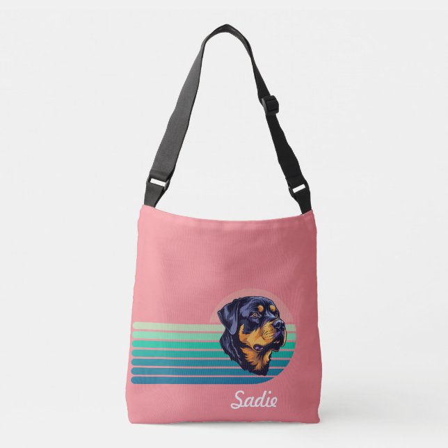 Bolso Cruzado Rottweiler Dog Custom Name Retro Stripe (Anverso)