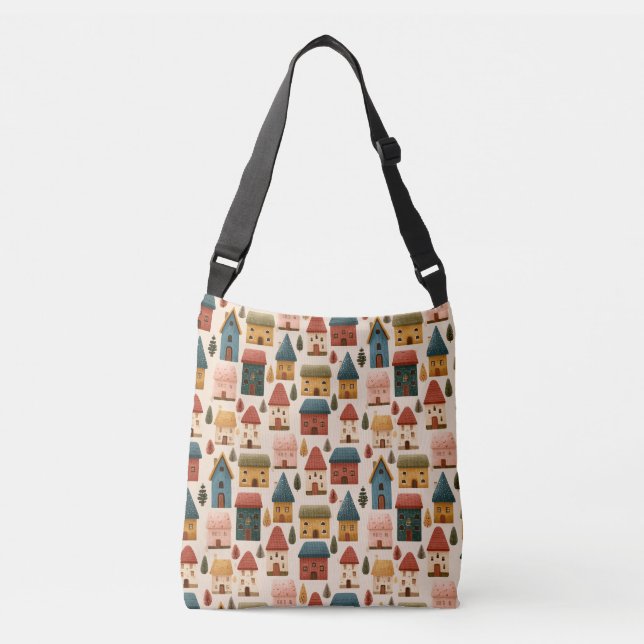 Bolso Cruzado Rustic Festive Christmas Houses Seamless Pattern (Anverso)