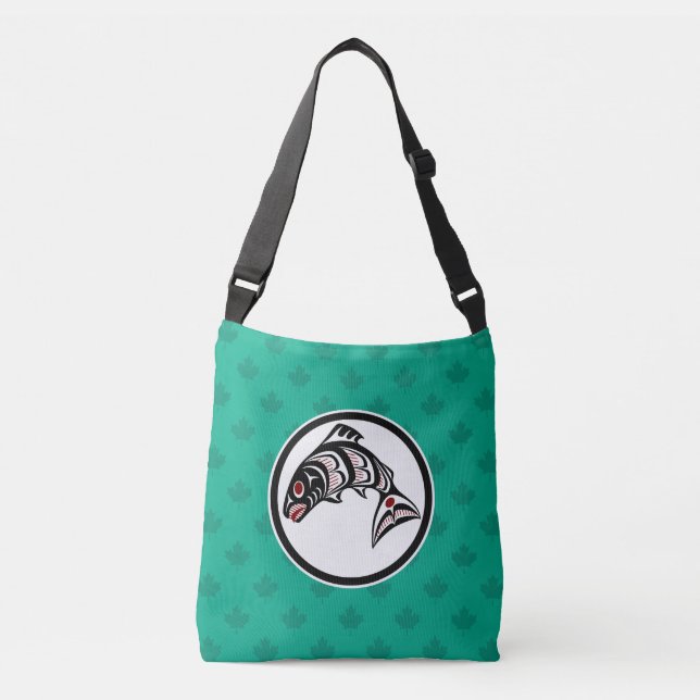 Bolso Cruzado Salmón de arte de Black Haida nativo americano (Anverso)