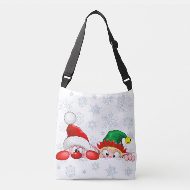 Bolso Cruzado Santa y Elf Cute y graciosos personajes Peeking (Anverso)