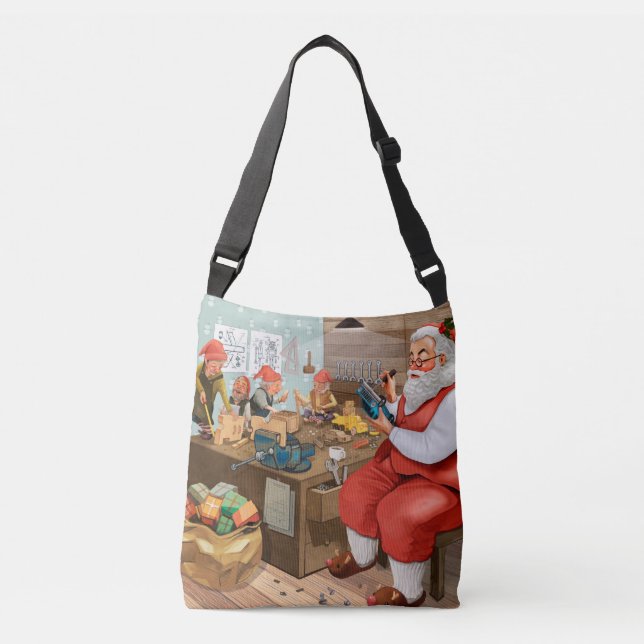 Bolso Cruzado Santa Y Elves Haciendo Juguetes | NAVIDADES (Anverso)