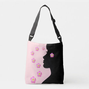 Bolso Cruzado Silueta de mujer moderna y flores en rosa claro