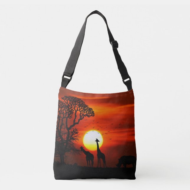 Bolso Cruzado Siluetas africanas del animal de la puesta del sol (Anverso)