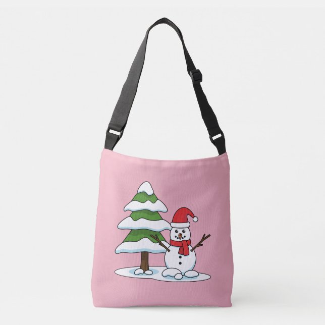 Bolso Cruzado Snowman con un árbol de pino con nieve (Anverso)