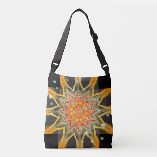 Bolso Cruzado Sol amarillo y estrellas verdes sobre negro (Anverso)