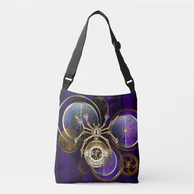 Bolso Cruzado Spider Steampunk sobre fondo morado (Anverso)