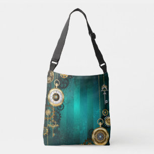 Bolso Cruzado Steampunk Jewelry Watch sobre un fondo verde
