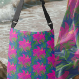 Bolso Cruzado Sueños de Selva Hibisco Verde Azul Rosa Caliente